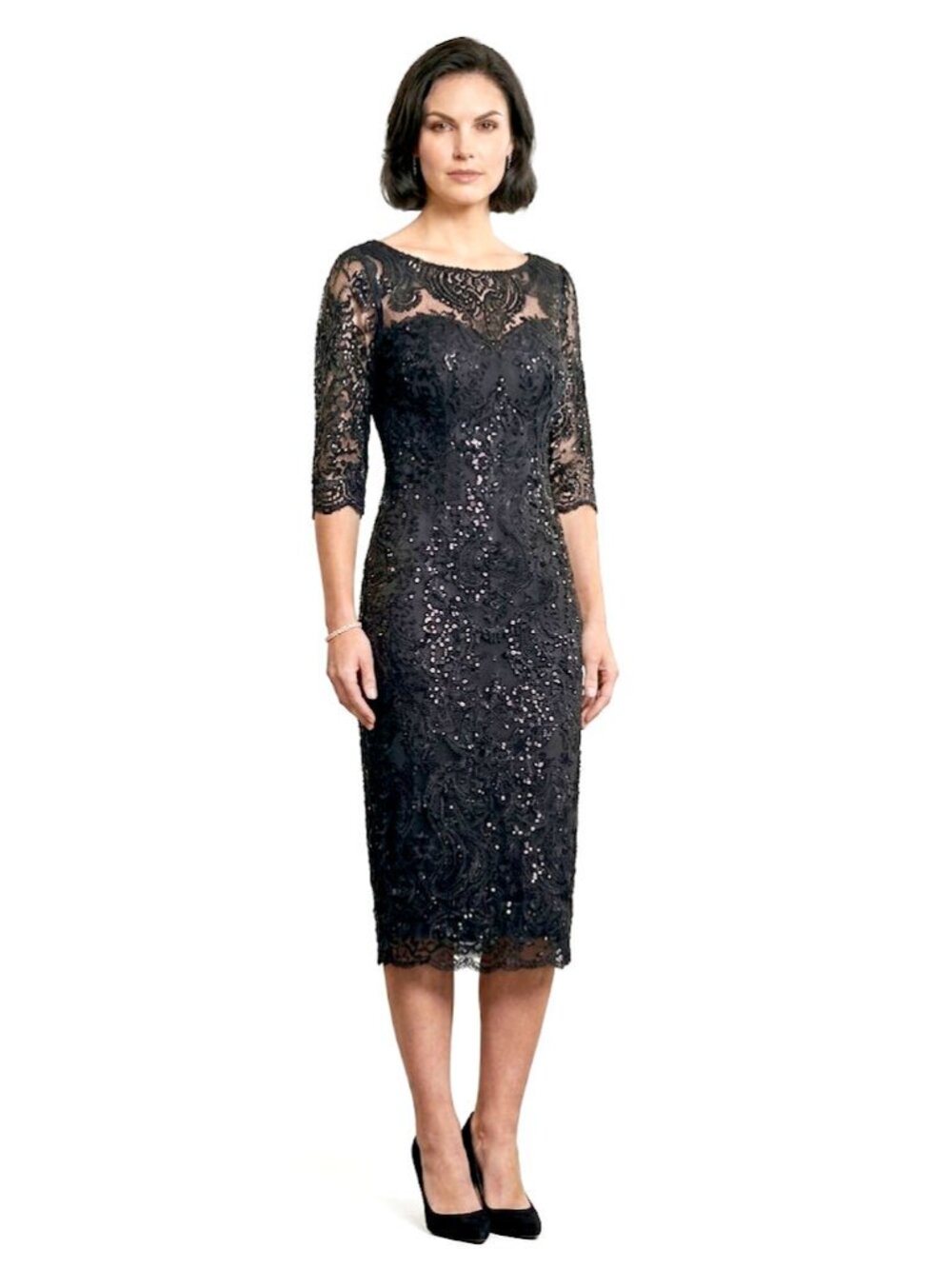 Tahari Arthur S. Levine Sequined Lace Cocktail Dress, Black, Womens Size 8